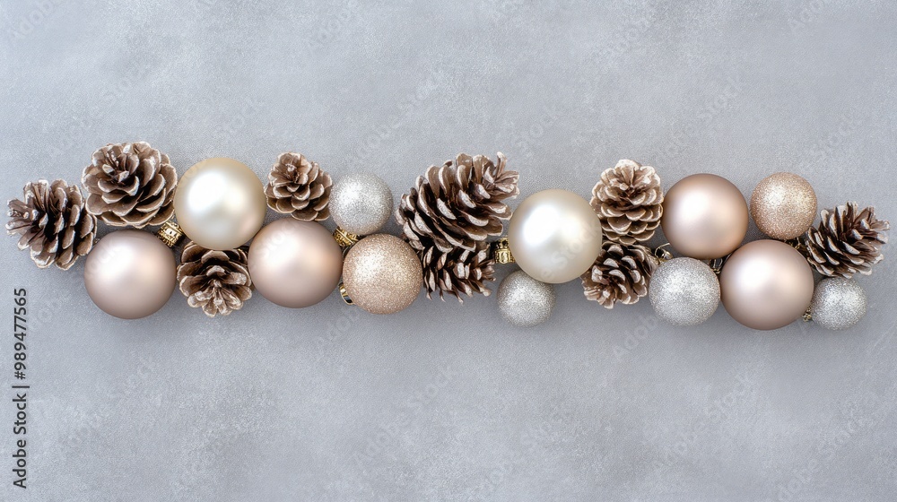 Elegant Christmas backdrop with golden and silver ornaments, pine cones, and stars for festive holiday designs Elegant Christmas backdrop with golden and silver ornaments, pine cones, and stars for festive holiday designs