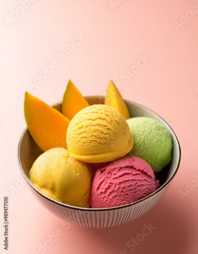 Scoop balls of colourful gelato sorbet ice cream in dessert bowl with mango fruit on pink background photo