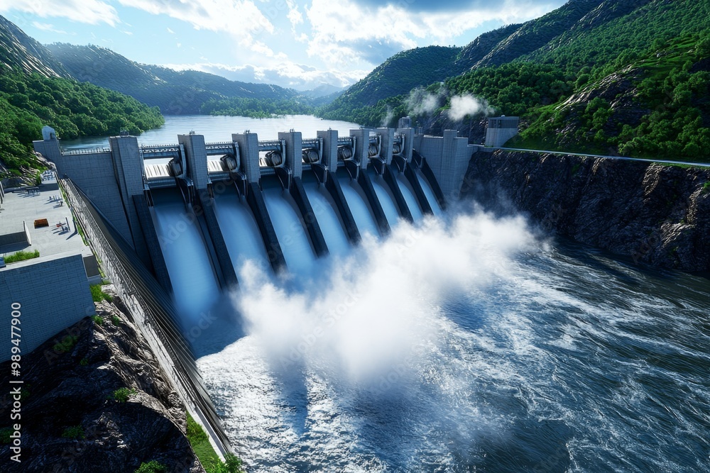 A hyper-realistic shot of a hydroelectric dam, capturing the movement of water as it rushes through the turbines and the mist that rises from the force A hyper-realistic shot of a hydroelectric dam, capturing the movement of water as it rushes through the turbines and the mist that rises from the force