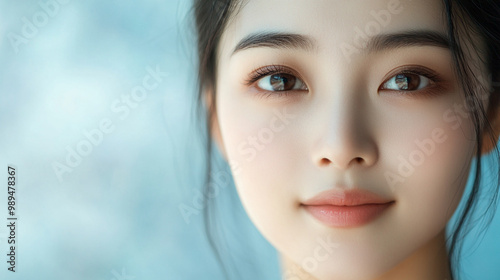 A close-up of a young woman smiling softly against a blurred blue background during daylight