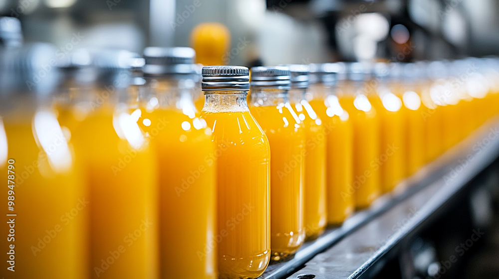 Bottles of orange juice being processed on a conveyor belt in a busy factory setting Bottles of orange juice being processed on a conveyor belt in a busy factory setting