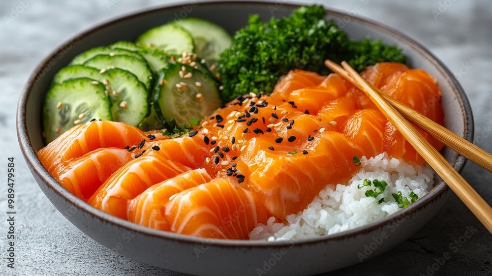 A top-down view of a deconstructed sushi bowl with vibrant ingredients spread out in a circular pattern A top-down view of a deconstructed sushi bowl with vibrant ingredients spread out in a circular pattern