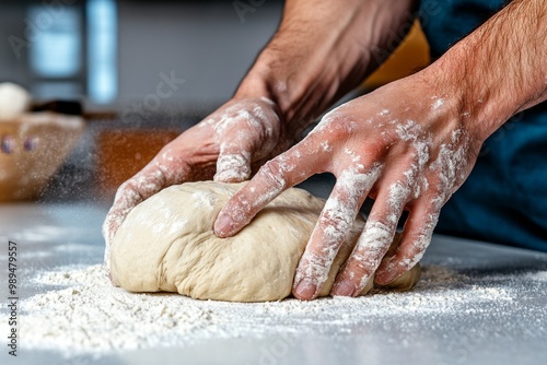 A person kneading dough on a floured countertop, with hands pressing and shaping the dough for homemade bread