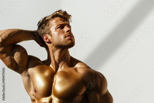 Obraz na płótnie Muscular Man Posing with Golden Body Paint w salonie