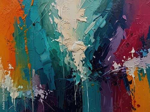 Abstract colorful textured painting with bold brushstrokes and vibrant splashes of color