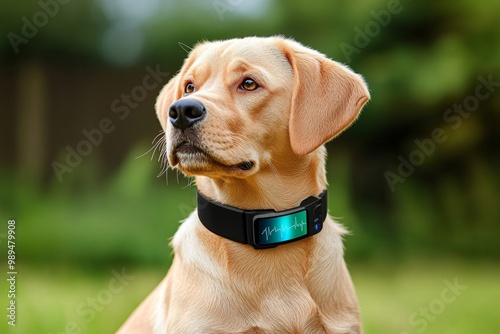 A pet wearing a high-tech collar, with digital features like tracking, health monitoring, and communication with its owner photo