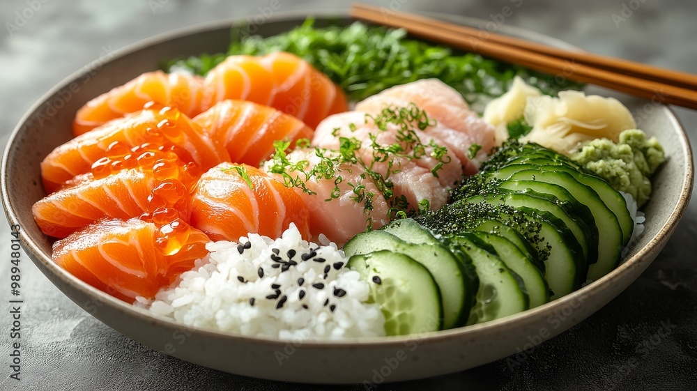 A top-down view of a deconstructed sushi bowl with vibrant ingredients spread out in a circular pattern