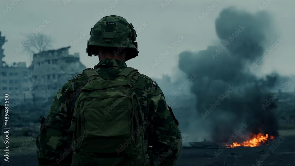 A soldier in a dirty uniform looks at destroyed burning houses. Amidst the smoldering ruins, the soldier's tattered uniform speaks of war's ravages, his expression unreadable. A soldier in a dirty uniform looks at destroyed burning houses. Amidst the smoldering ruins, the soldier's tattered uniform speaks of war's ravages, his expression unreadable.