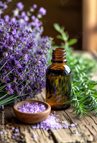 Lavender flowers with essential oil bottle and salts