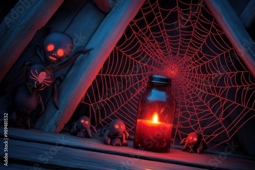 A spooky attic filled with ancient spider webs glowing red in the light of a flickering candle, with shadowy forms lurking in the corners, in a spider web fantasy artwork illustration photo