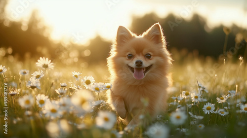 A fluffy Pomeranian joyfully prances through a sunlit field of blooming flowers