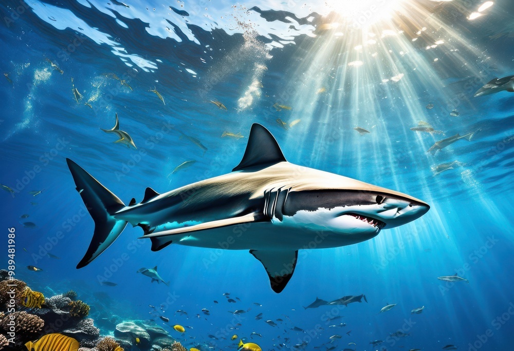 Fototapeta premium vibrant ocean scene featuring shark gliding swiftly through clear blue waters sunlight filtering through surface, marine, swimming, aquatic, creature, glide