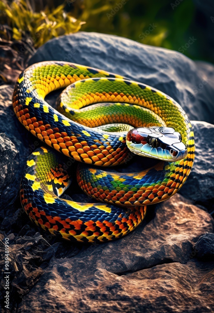 Fototapeta premium vibrant close striking snake coiled rough textured rocks bright colors intricate patterns, reptile, wildlife, nature, scales, detailed, macro, outdoors