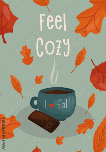 Cozy Autumn items. Cocoa mug with chocolate on a blue background with orange autumn leaves and the inscription feel cozy. Vector illustration