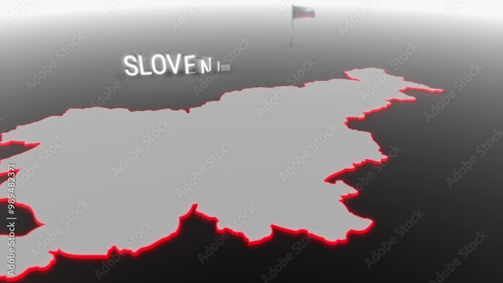 3d animated map of Slovenia gets hit and fractured by the text “Climate Crisis”