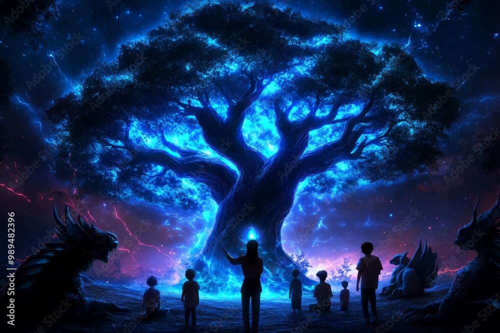A teacher guiding students through a mystical forest, where the trees whisper knowledge and enchanted creatures assist with lessons A teacher guiding students through a mystical forest, where the trees whisper knowledge and enchanted creatures assist with lessons