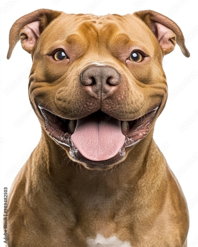A happy pit bull with a playful expression shows its teeth and bright eyes, capturing a sense of joy and friendliness A happy pit bull with a playful expression shows its teeth and bright eyes, capturing a sense of joy and friendliness