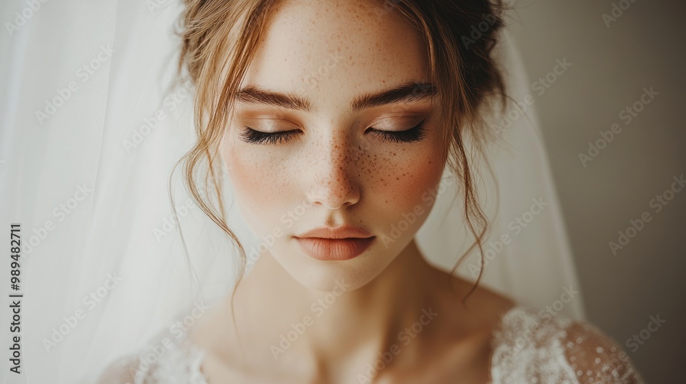 The bride prepares for her wedding, exuding calm and grace with her eyes closed and a gentle expression The bride prepares for her wedding, exuding calm and grace with her eyes closed and a gentle expression
