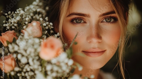 A young woman gazes softly at the camera while holding a lush bouquet of pink roses and white flowers