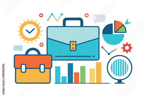 Set of assorted business icons (briefcase, handshake, chart)