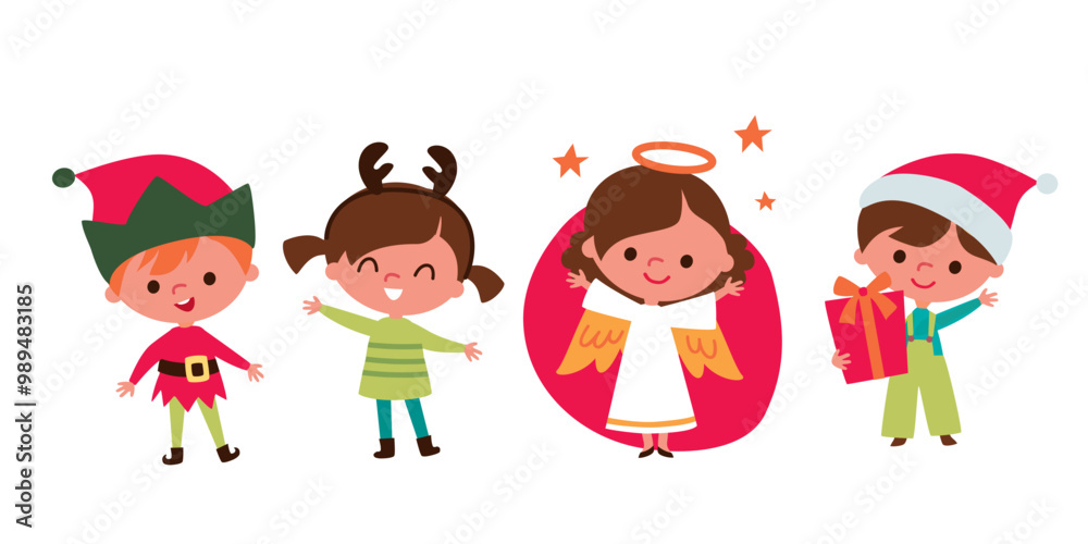 Cute children and Santa elves. Children in festive costumes. Baby angel. Kids with christmas accessorizes and gifts. Cute children and Santa elves. Children in festive costumes. Baby angel. Kids with christmas accessorizes and gifts.