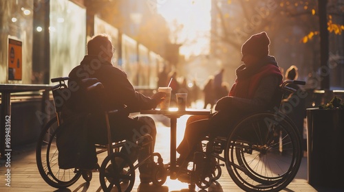 Man and woman in wheelchairs enjoying coffee and conversation at an outdoor cafe on a sunny cold day