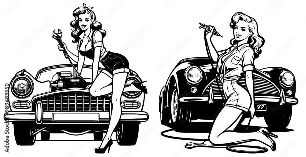 retro pinup girl and classic car collection in minimalist black and white vecto