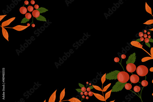 Autumn leaves, on a black background. Autumn Background for the design of banners, postcards. Autumn leaves, flowers and branches. Nature, autumn season. Harvest Festival.
