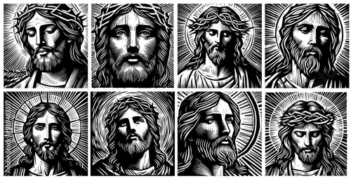 Jesus Christ Savior Messiah Son of God detailed vector illustration of jesus christ in black and white