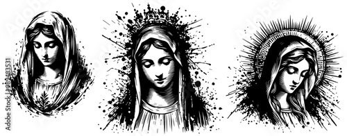 black and white vector set of virgin mary portraits in abstract grunge style