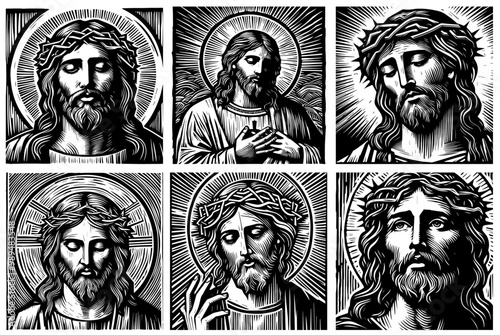 Jesus Christ Savior Messiah Son of God detailed vector illustration of jesus christ in black and white