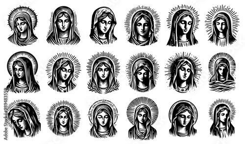 Our Lady Virgin Mary, monochrome vector collection portrait of mary with peaceful expression