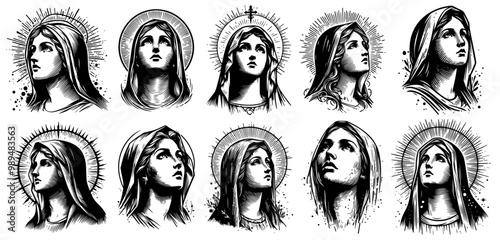 Our Lady Virgin Mary, artistic vector representation of mary in black and white collection