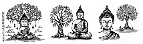minimalist collection of meditating buddha in black and white vector design