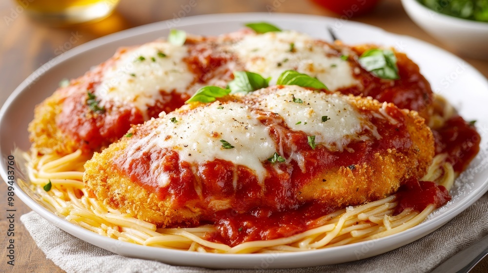 Chicken Parmesan is a dish made with breaded chicken cutlets, covered in tomato sauce and melted cheese. Chicken Parmesan is a dish made with breaded chicken cutlets, covered in tomato sauce and melted cheese.