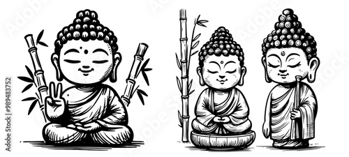 zen buddha meditating set in minimalist black and white vector art