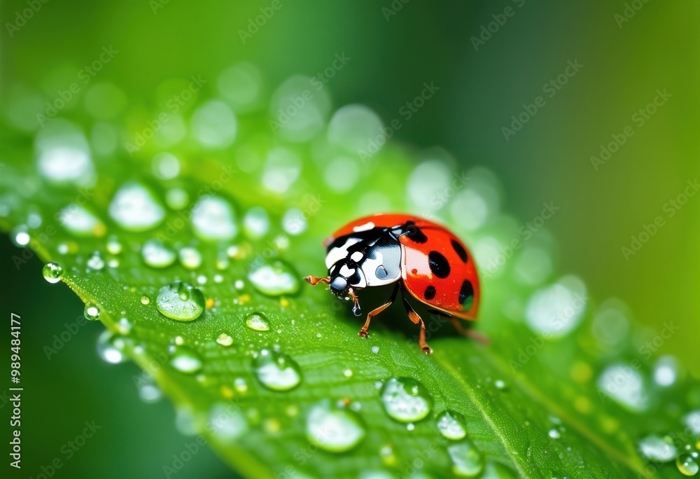 Fototapeta premium close view colorful ladybug resting lush green leaves capturing beauty, insect, beetle, macro, wildlife, garden, flora, detail, outdoor, small, critter