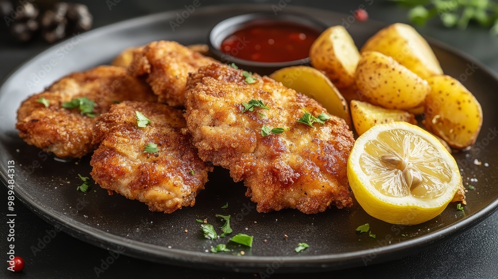 Crispy chicken cutlets with a delicious sauce, served with fried potatoes and a squeeze of lemon.