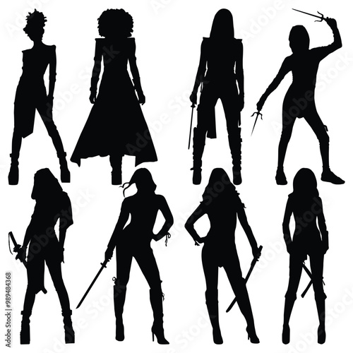 Ninja Costumes women Silhouettes. Silhouette of an oriental female fighter carrying sword blade weapon. Silhouette of an oriental female fighter carrying sword blade weapon. Female assassin icon logo