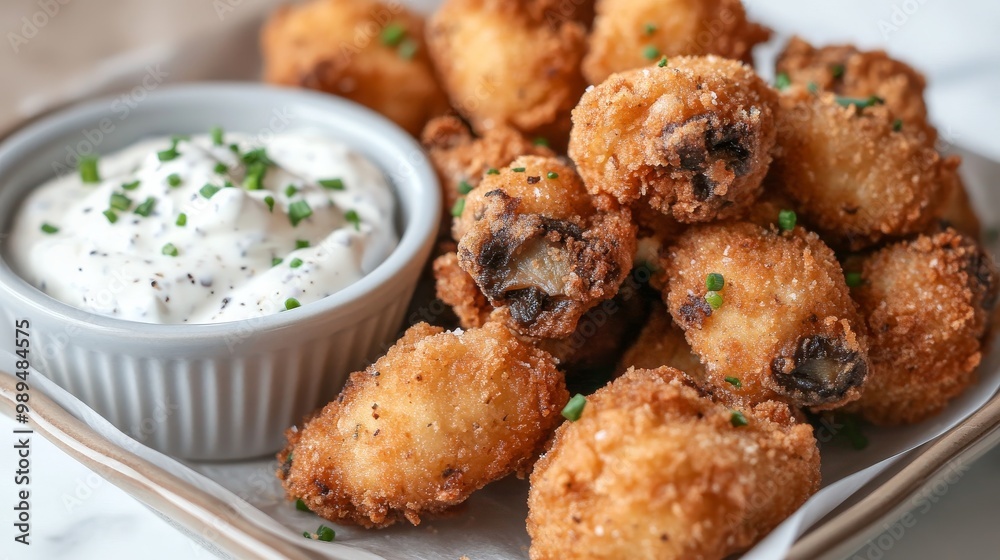 Crispy fried mushrooms served with a creamy sour cream and chive dip. Crispy fried mushrooms served with a creamy sour cream and chive dip.