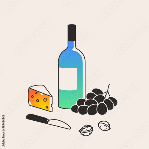 Wine bottle with cheese and grapes. Dinner, wine tasting with food concept. Illustration of alcohol, beverage for bar menu, winery. Gradient design. Isolated minimal flat vector