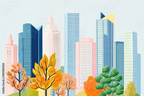 Illustration of a financial district skyline with autumn elements