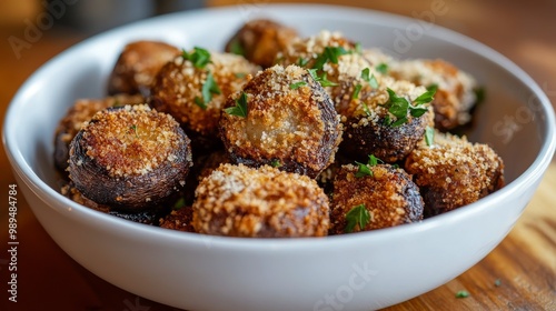 Crispy, golden-brown mushrooms coated in breadcrumbs, served in a white bowl.