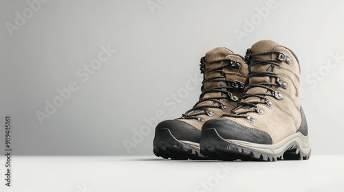 Durable hiking boots against a plain white backdrop. photo