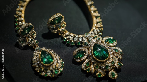 Elegant necklace and earrings set with green gemstones.