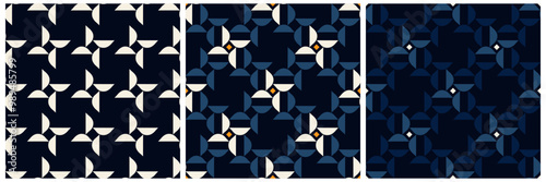 Simple geometric pattern abstract twist shapes motif classic blue minimal background. Small elements modern fabric design textile swatch all over print block, printable texture. Vector graphic set.