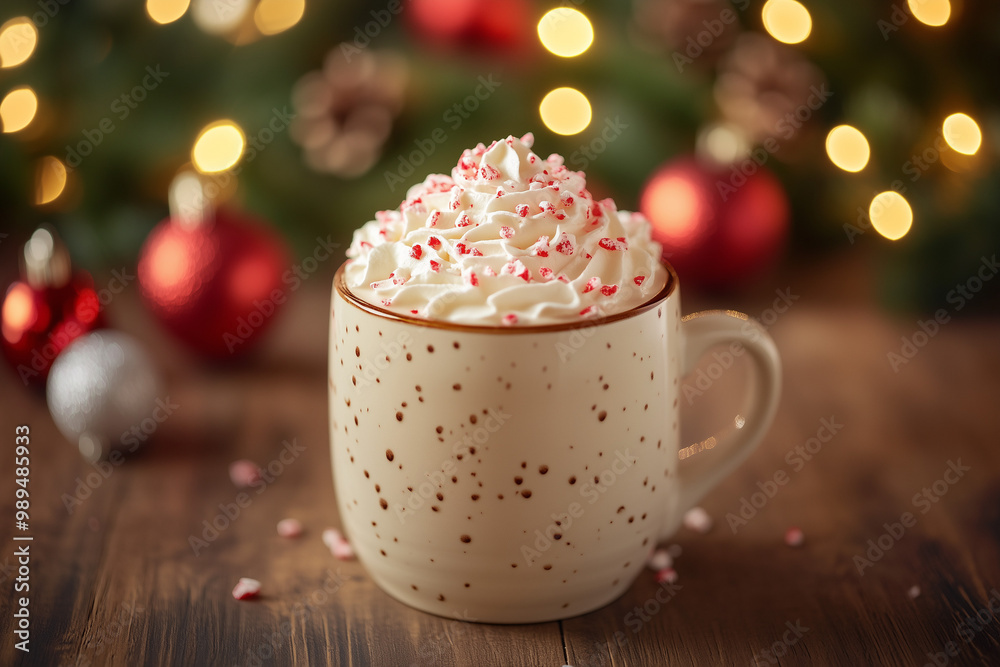 Peppermint hot chocolate with whipped cream in speckled mug, Christmas decorations background Peppermint hot chocolate with whipped cream in speckled mug, Christmas decorations background