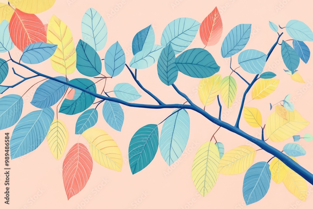 Fototapeta premium Coloring page featuring vibrant red and yellow leaves on shrub branches against a contrasting background