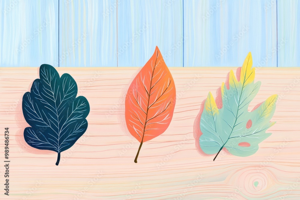 Fototapeta premium Illustration of Three Colorful Autumn Leaves on a Wooden Surface