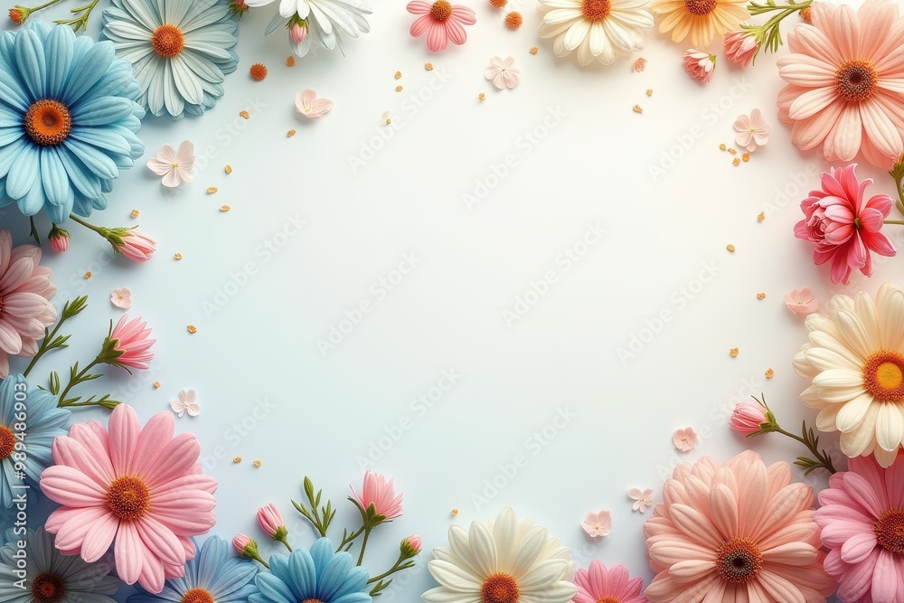 Delicate Pastel Flowers and Gold Flecks Frame a White Background Delicate Pastel Flowers and Gold Flecks Frame a White Background